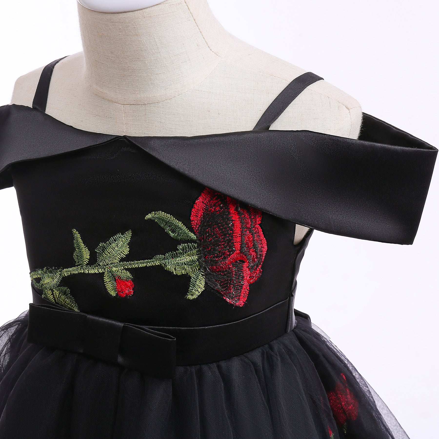Girls Black Floral Embroidered Shoulder Straps Cap Sleeves Bow Fit & Flare Dress
