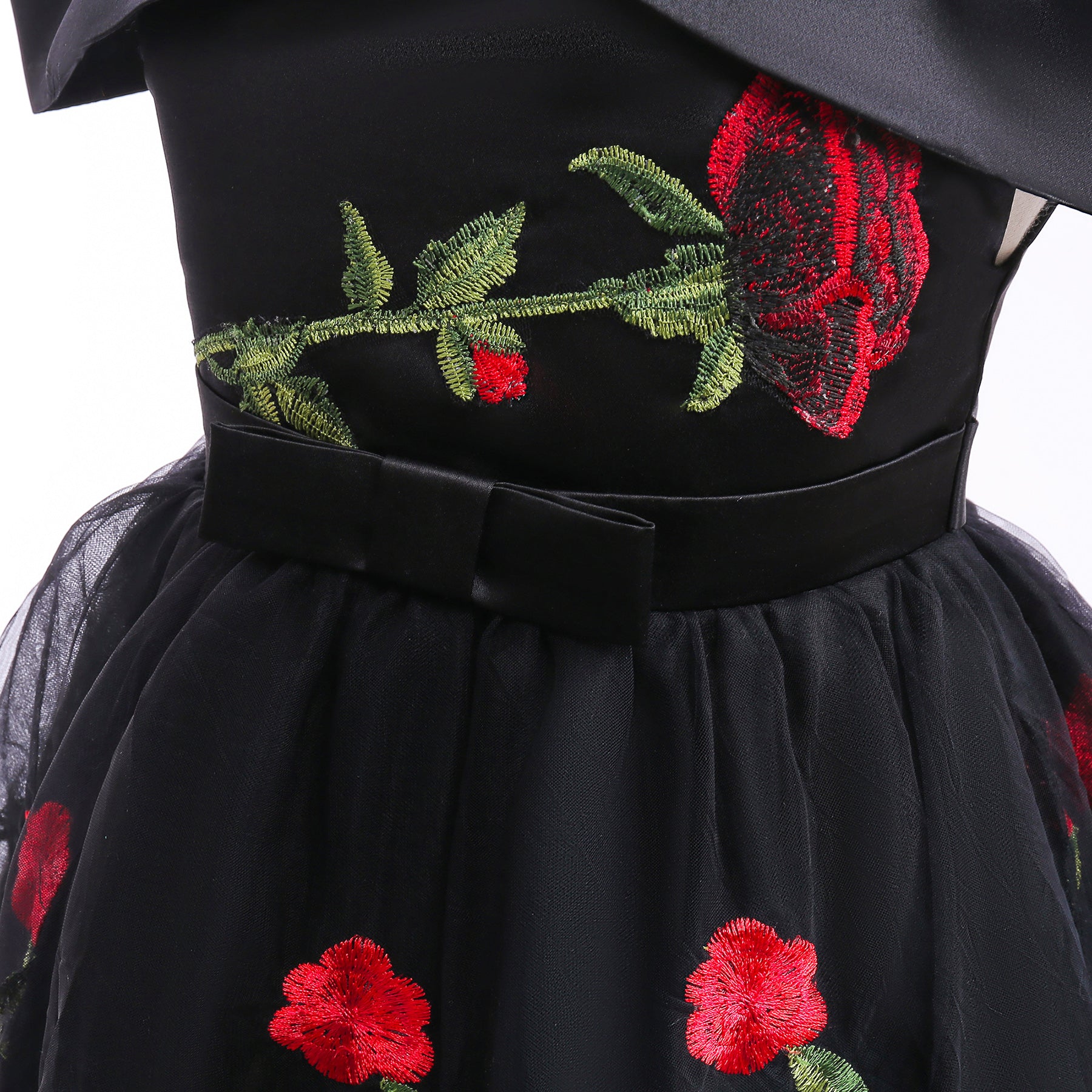Girls Black Floral Embroidered Shoulder Straps Cap Sleeves Bow Fit & Flare Dress