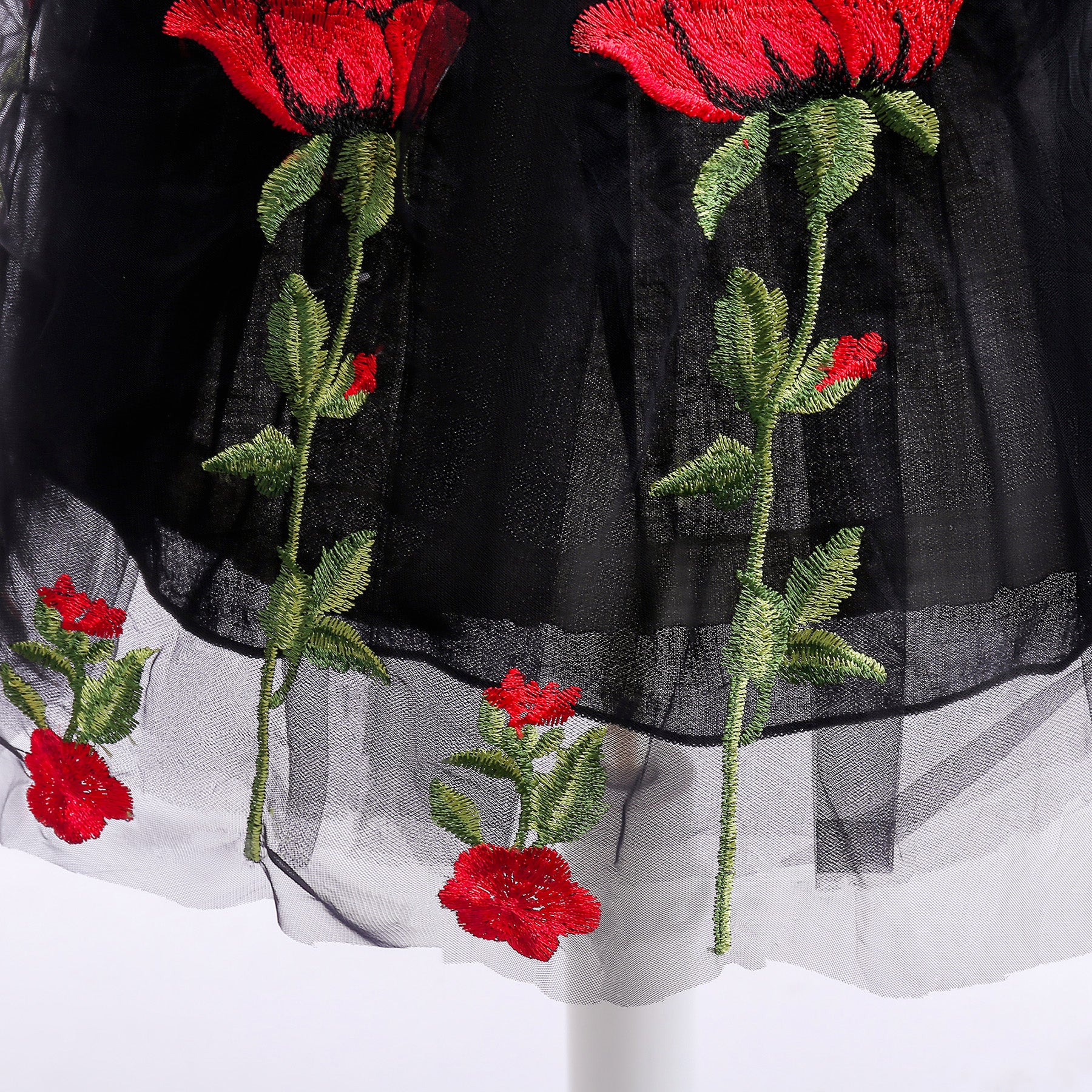 Girls Black Floral Embroidered Shoulder Straps Cap Sleeves Bow Fit & Flare Dress