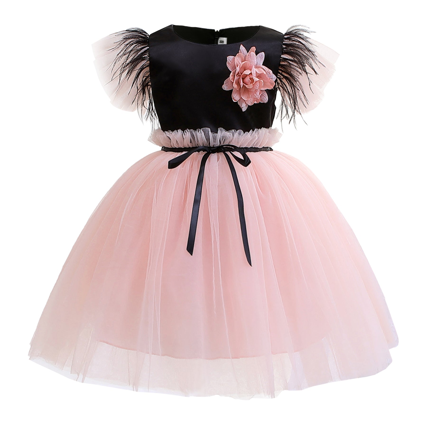 Girls Black & Pink Puff Sleeves Bow Tulle Fit & Flare Dress