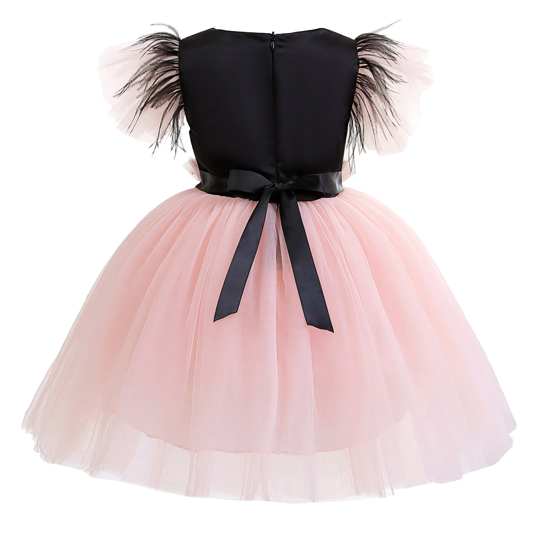 Girls Black & Pink Puff Sleeves Bow Tulle Fit & Flare Dress
