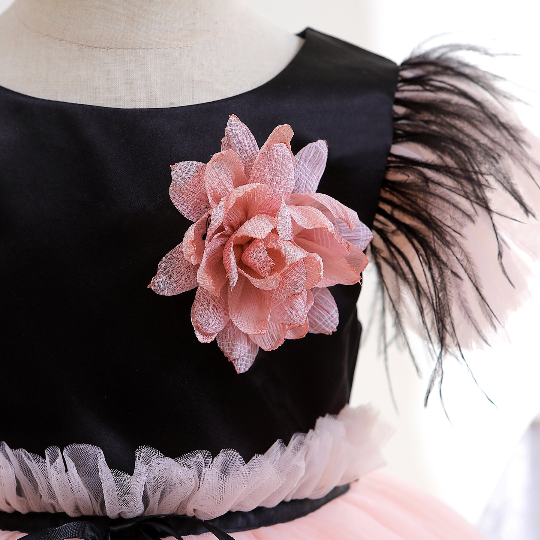 Girls Black & Pink Puff Sleeves Bow Tulle Fit & Flare Dress