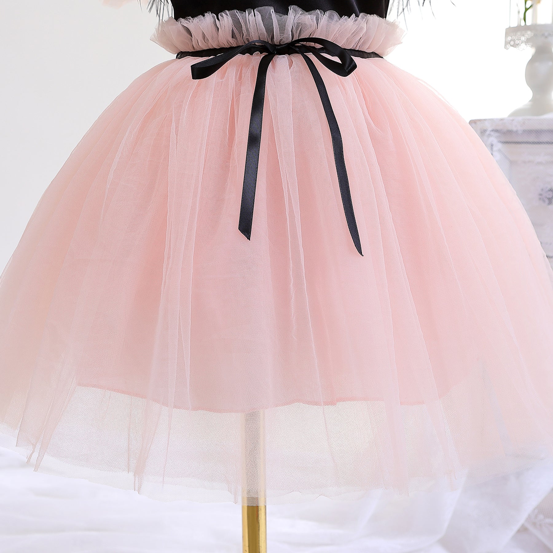 Girls Black & Pink Puff Sleeves Bow Tulle Fit & Flare Dress