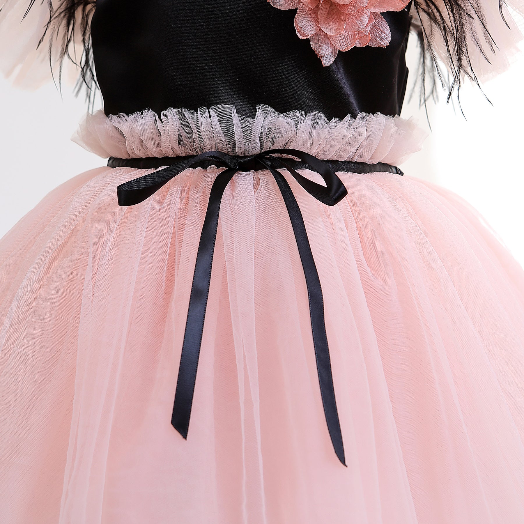 Girls Black & Pink Puff Sleeves Bow Tulle Fit & Flare Dress
