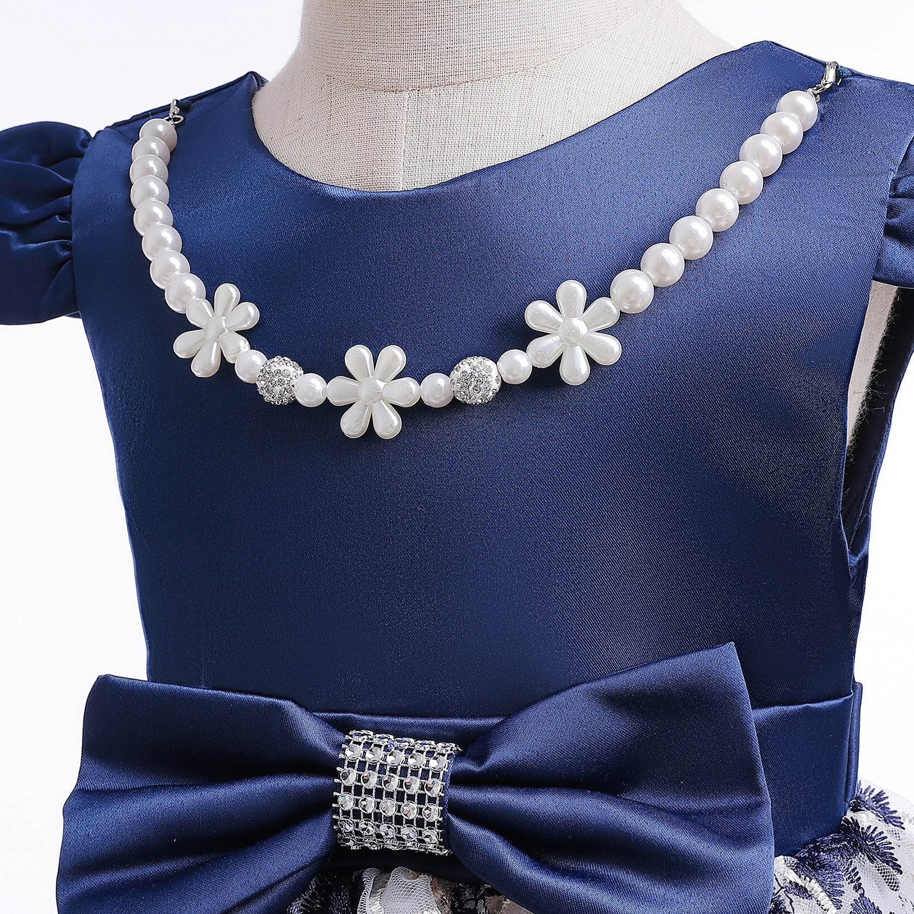 Blue & White Floral Embroidered Puff Sleeve Fit & Flare Dress