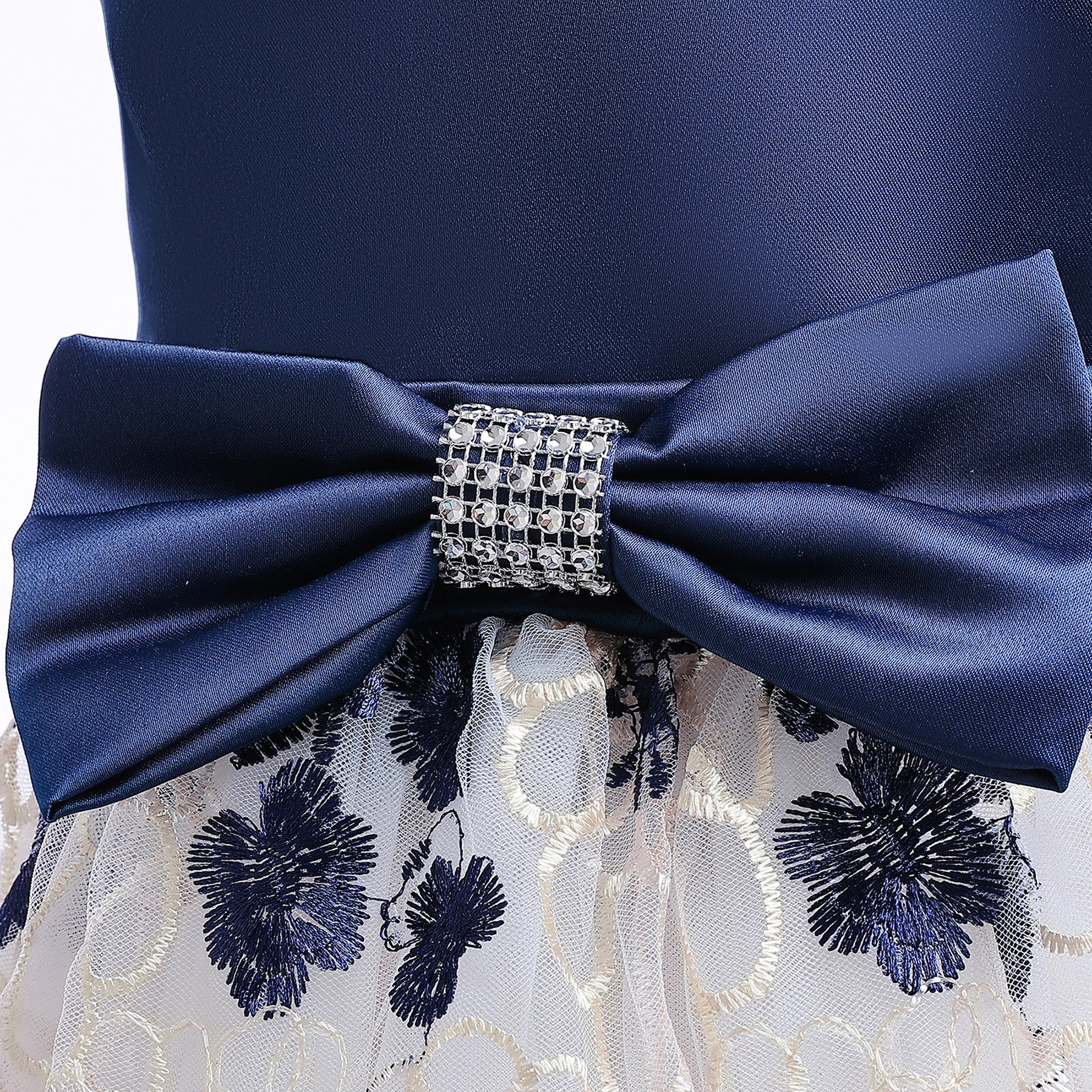 Blue & White Floral Embroidered Puff Sleeve Fit & Flare Dress