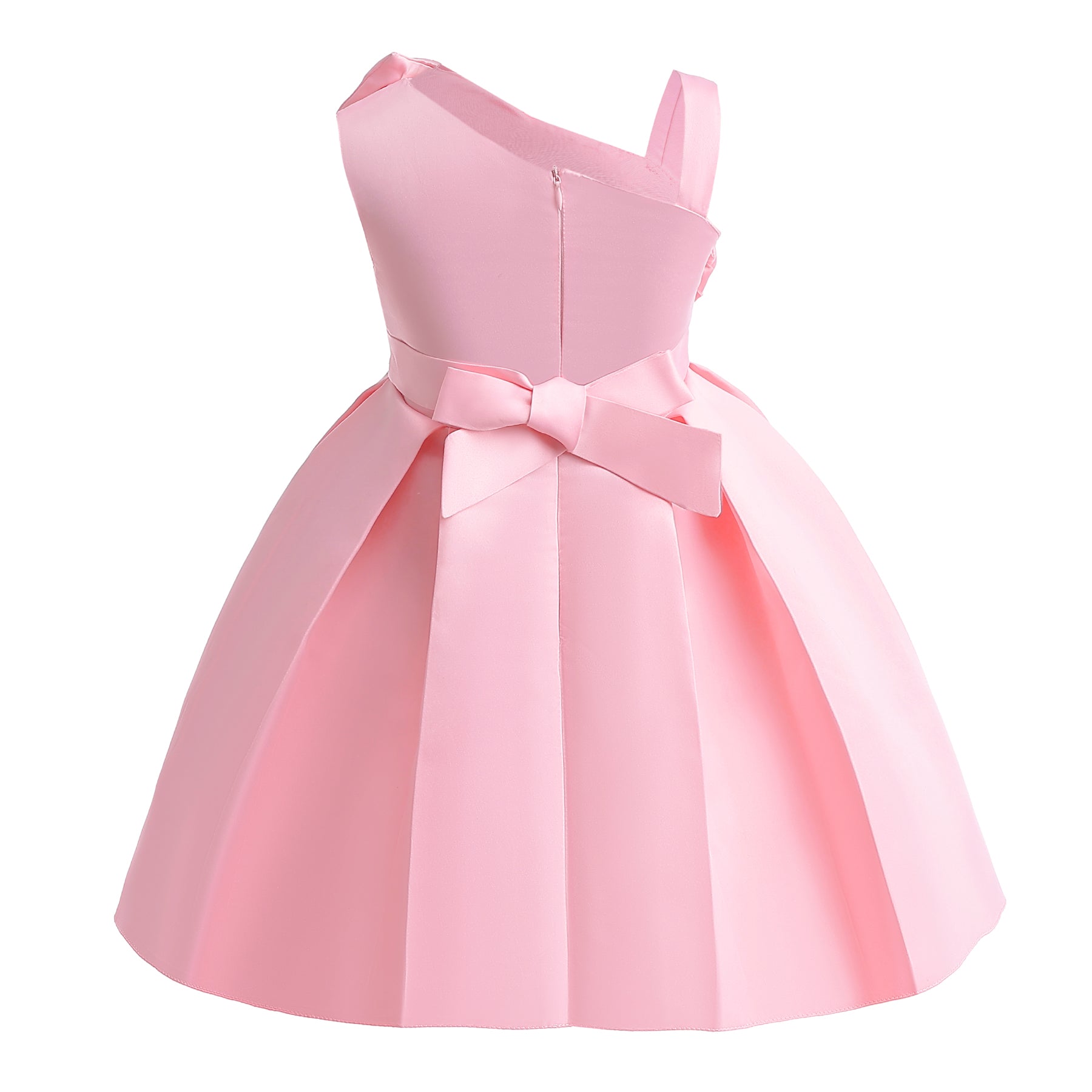Girls Pink Asymmetric Neck Pleated Detailed Fit & Flare Dress