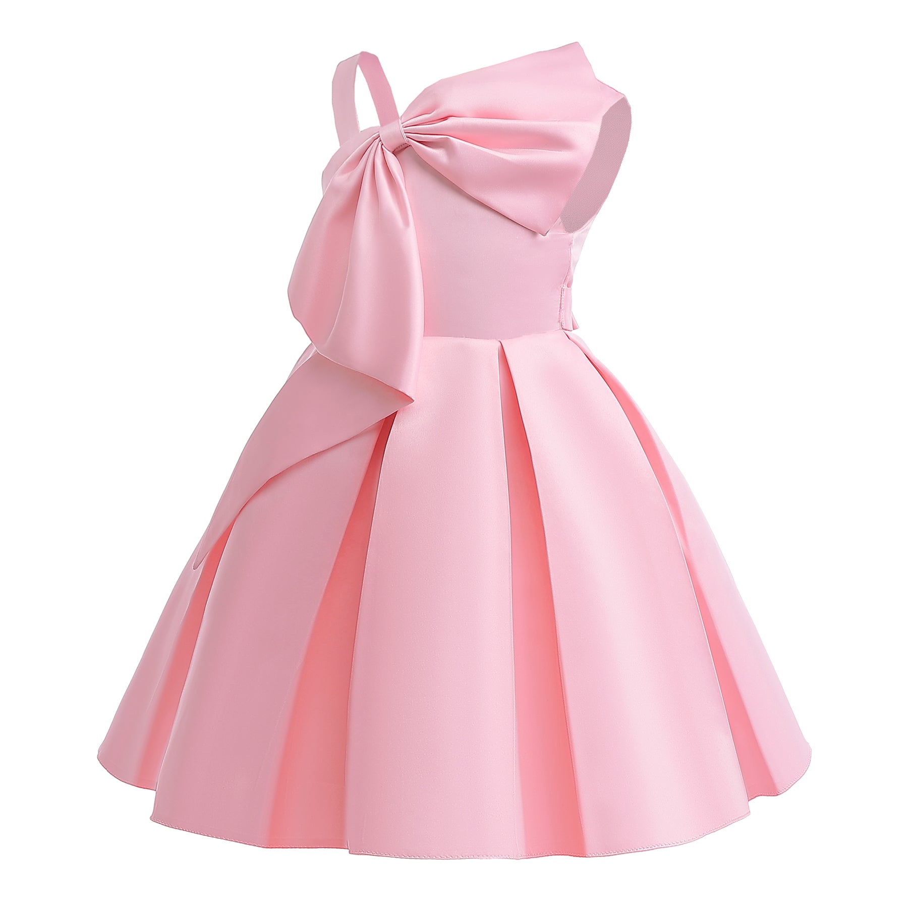 Girls Pink Asymmetric Neck Pleated Detailed Fit & Flare Dress