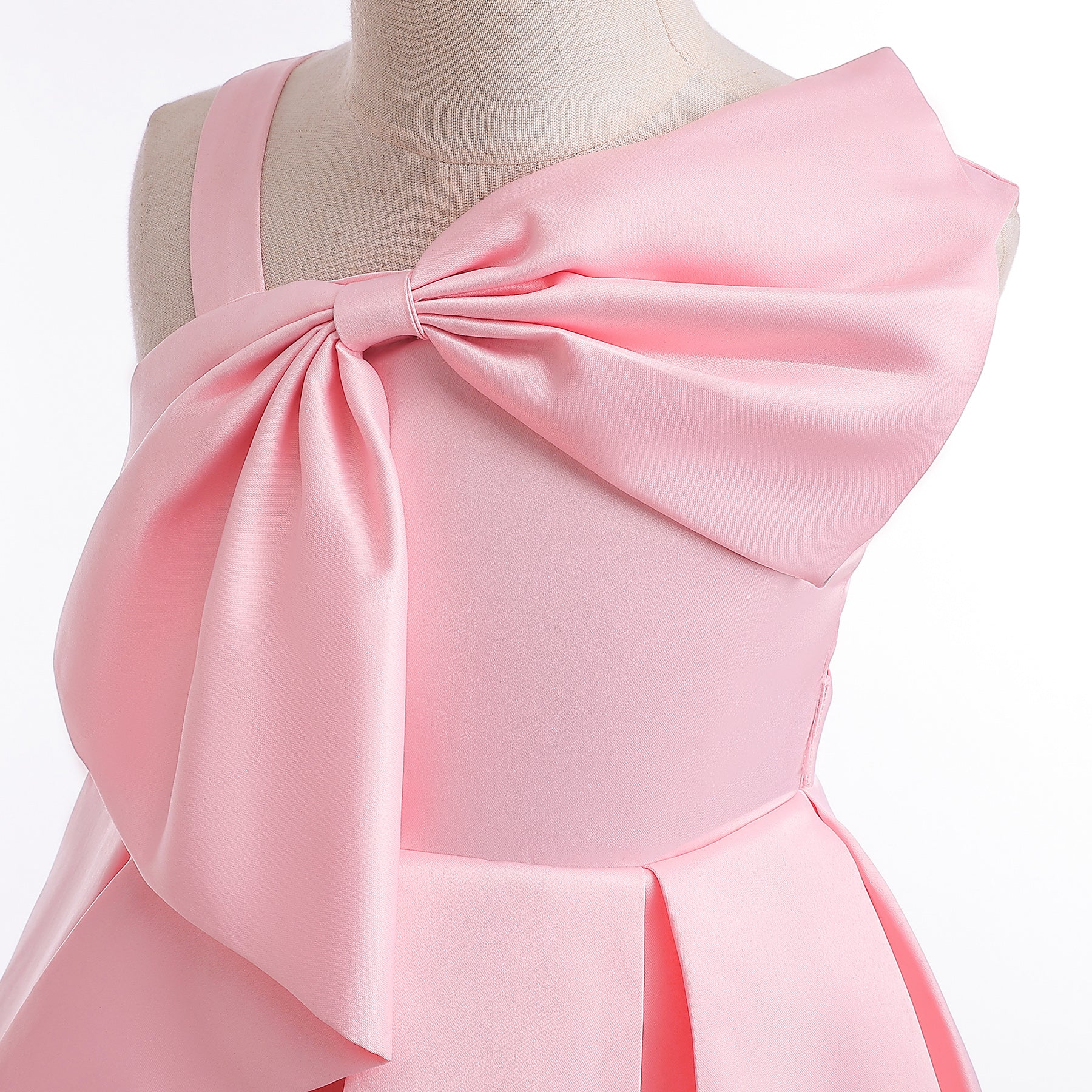 Girls Pink Asymmetric Neck Pleated Detailed Fit & Flare Dress