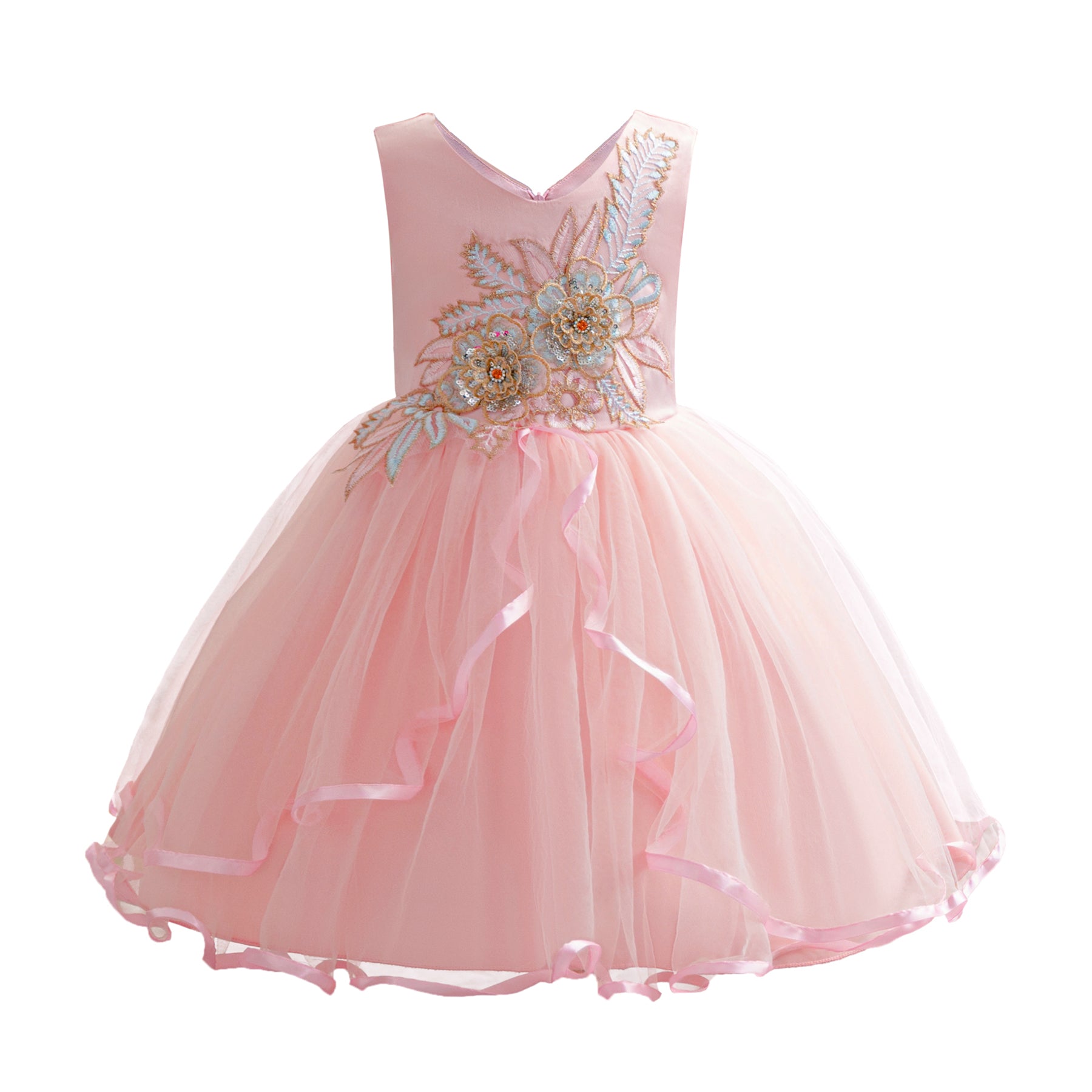 Pink V Neck Embellished Applique Maxi Dress
