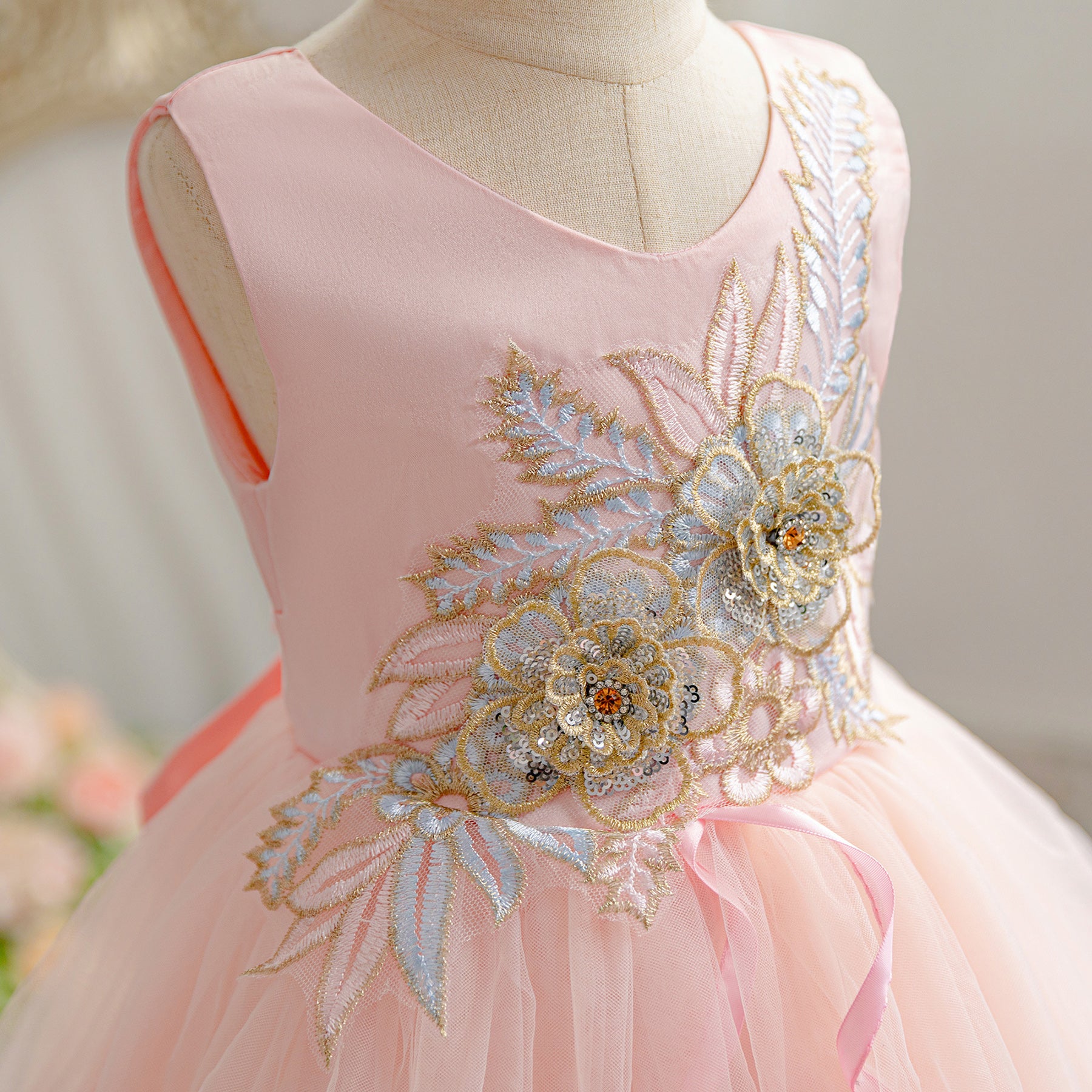 Pink V Neck Embellished Applique Maxi Dress