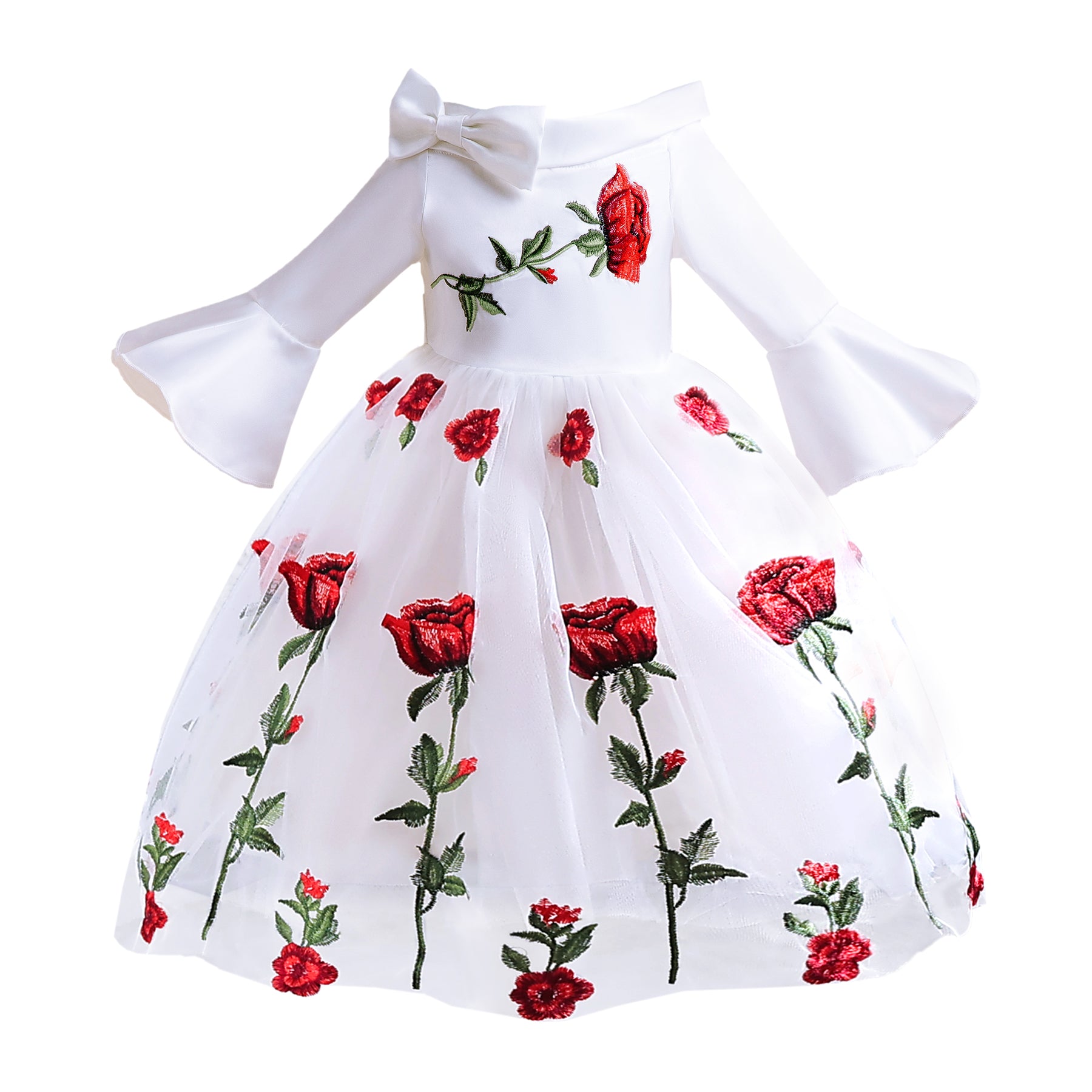Girls White Floral Printed Bell Sleeve Balloon Maxi Dress