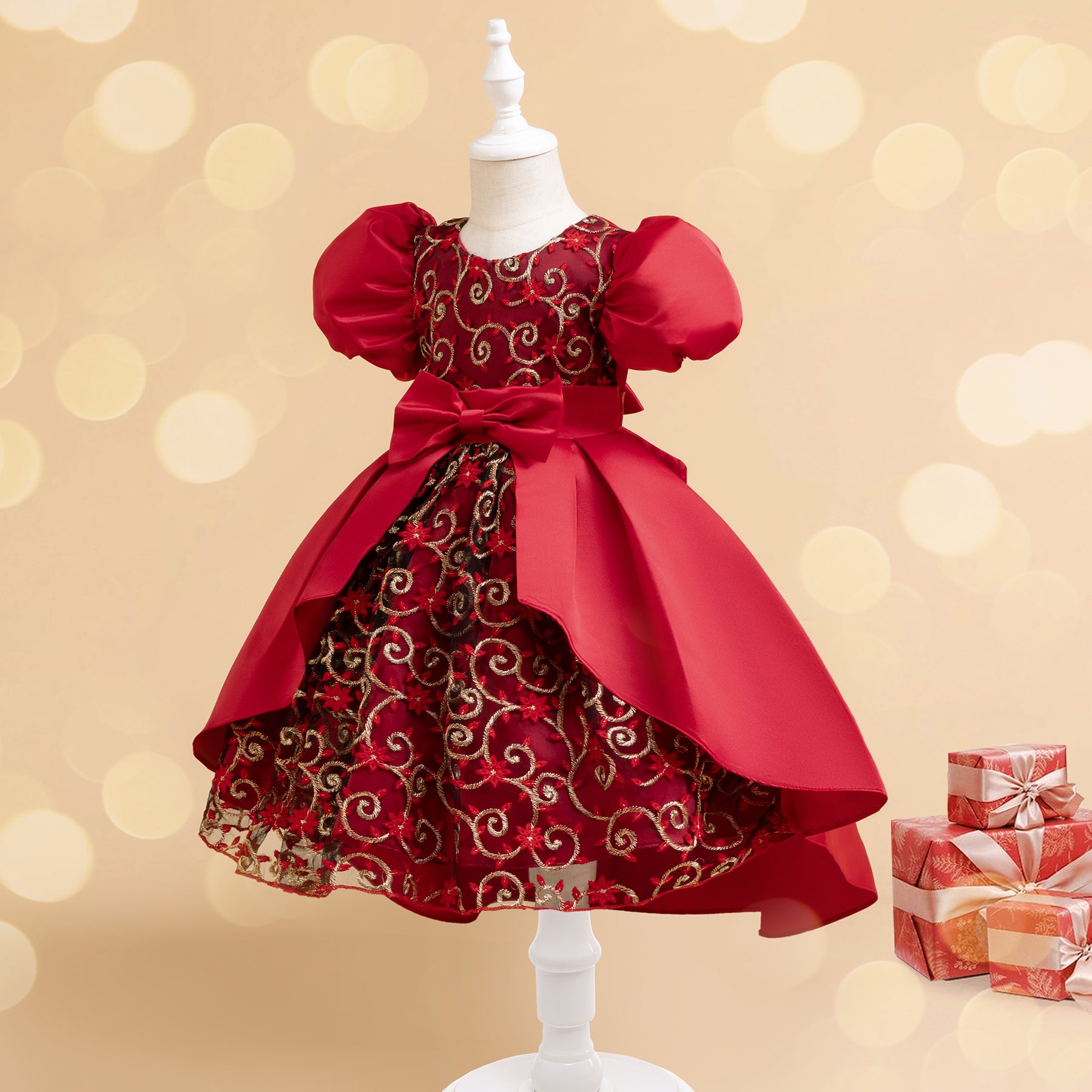Girls Ethnic Motifs Print Puff Sleeve Fit and Flare Midi Dress