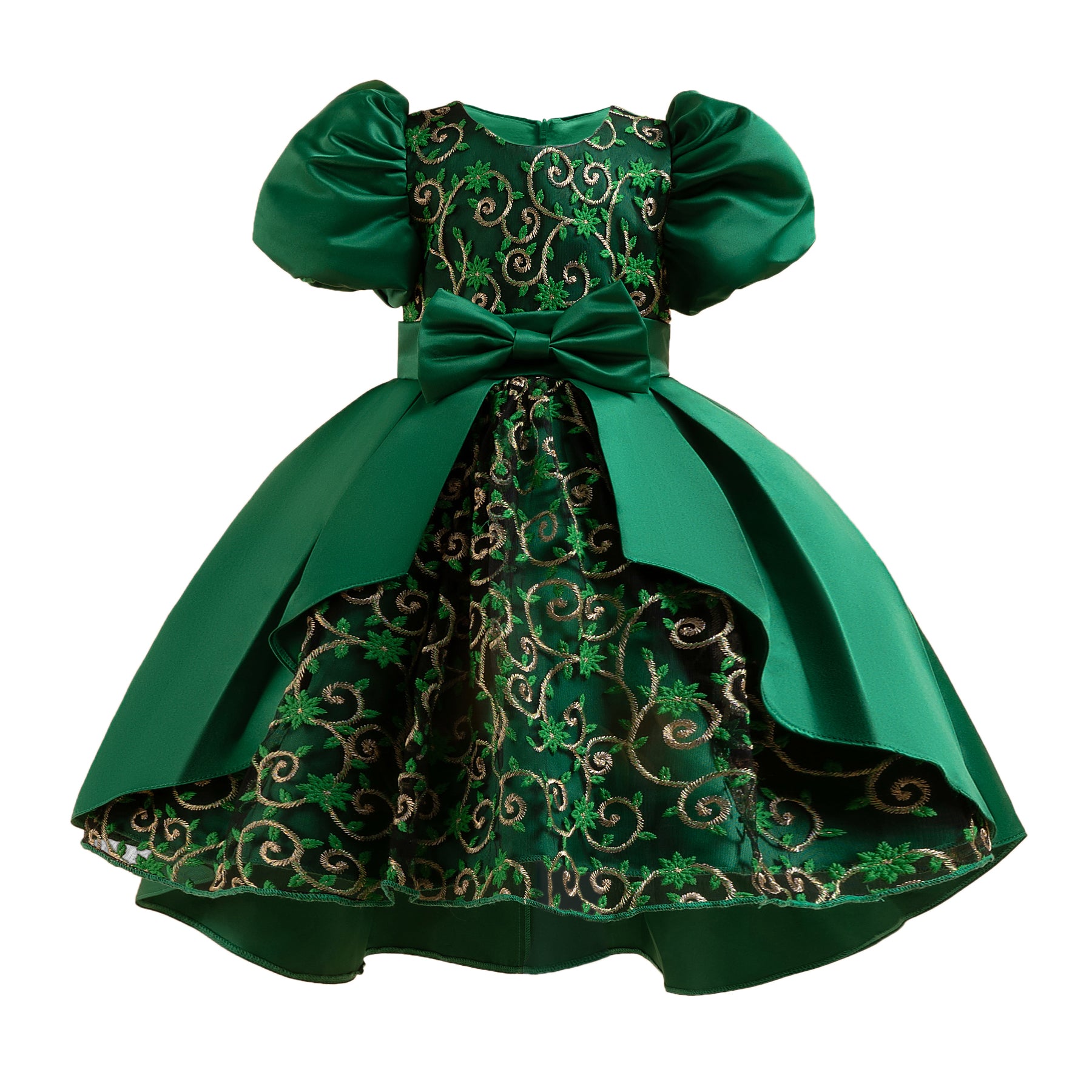 Girls Green Ethnic Motifs Printed Puff Sleeve Midi Dress