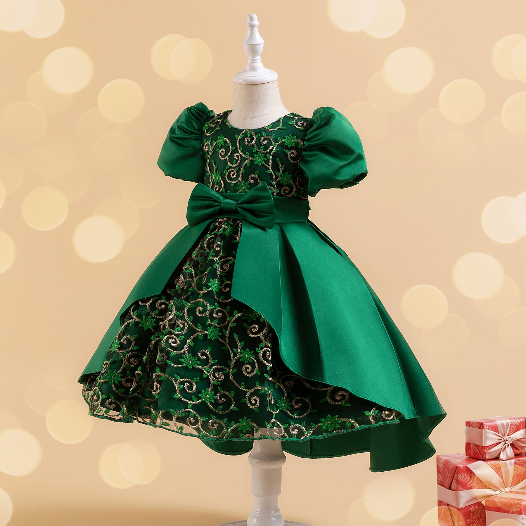 Girls Green Ethnic Motifs Printed Puff Sleeve Midi Dress