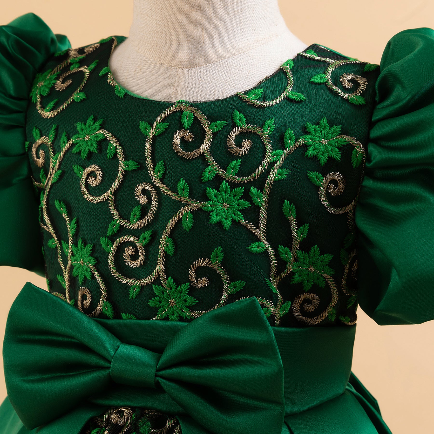 Girls Green Ethnic Motifs Printed Puff Sleeve Midi Dress