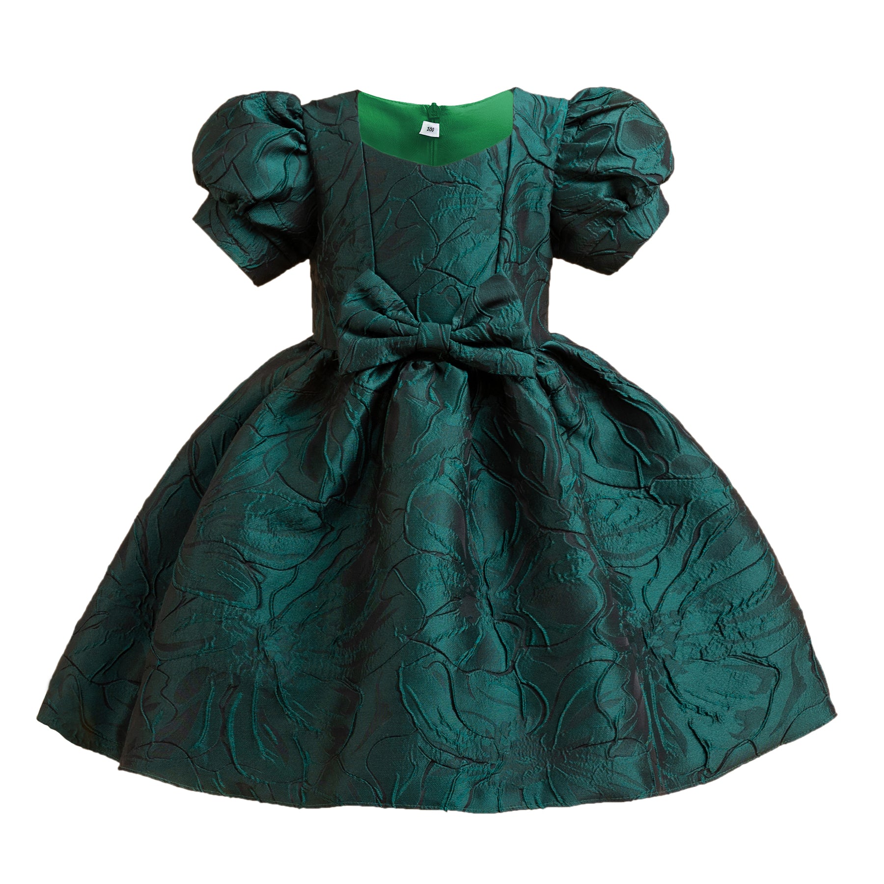 Girls Green Self Design Sweetheart Neck Puff Sleeve Bow Balloon Dress
