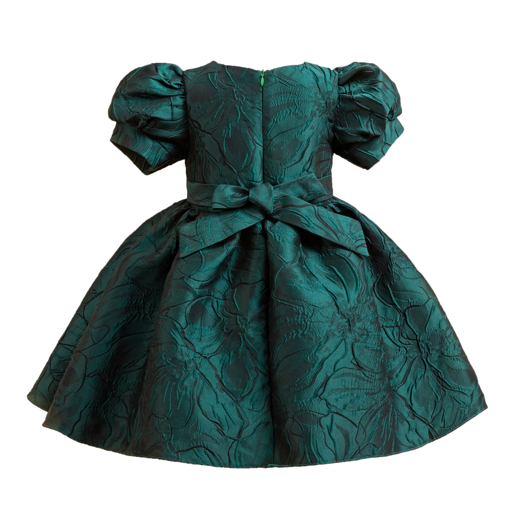 Girls Green Self Design Sweetheart Neck Puff Sleeve Bow Balloon Dress