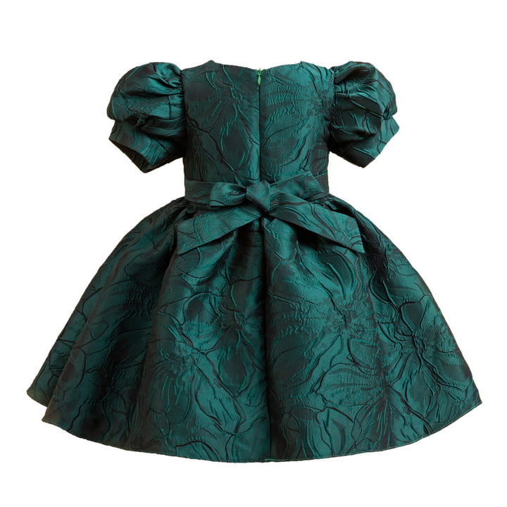 Girls Green Self Design Sweetheart Neck Puff Sleeve Bow Balloon Dress