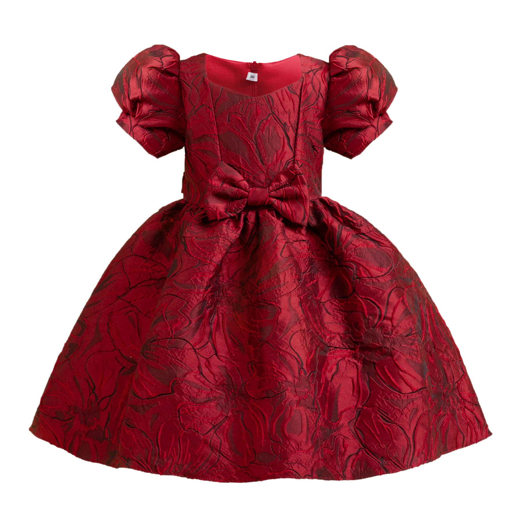 Girls Red Floral Printed Puff Sleeve Bow Balloon Dress