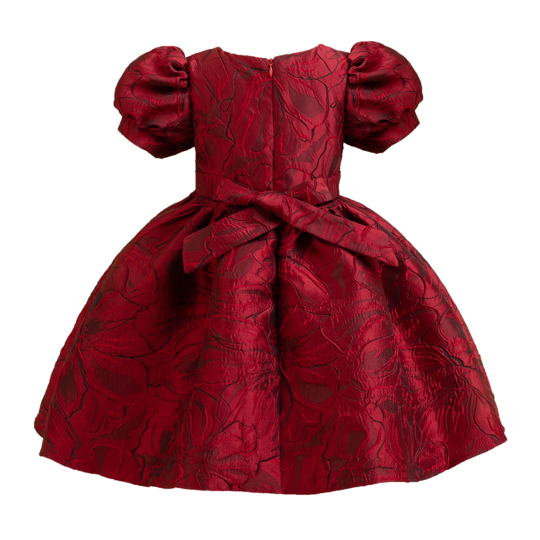 Girls Red Floral Printed Puff Sleeve Bow Balloon Dress