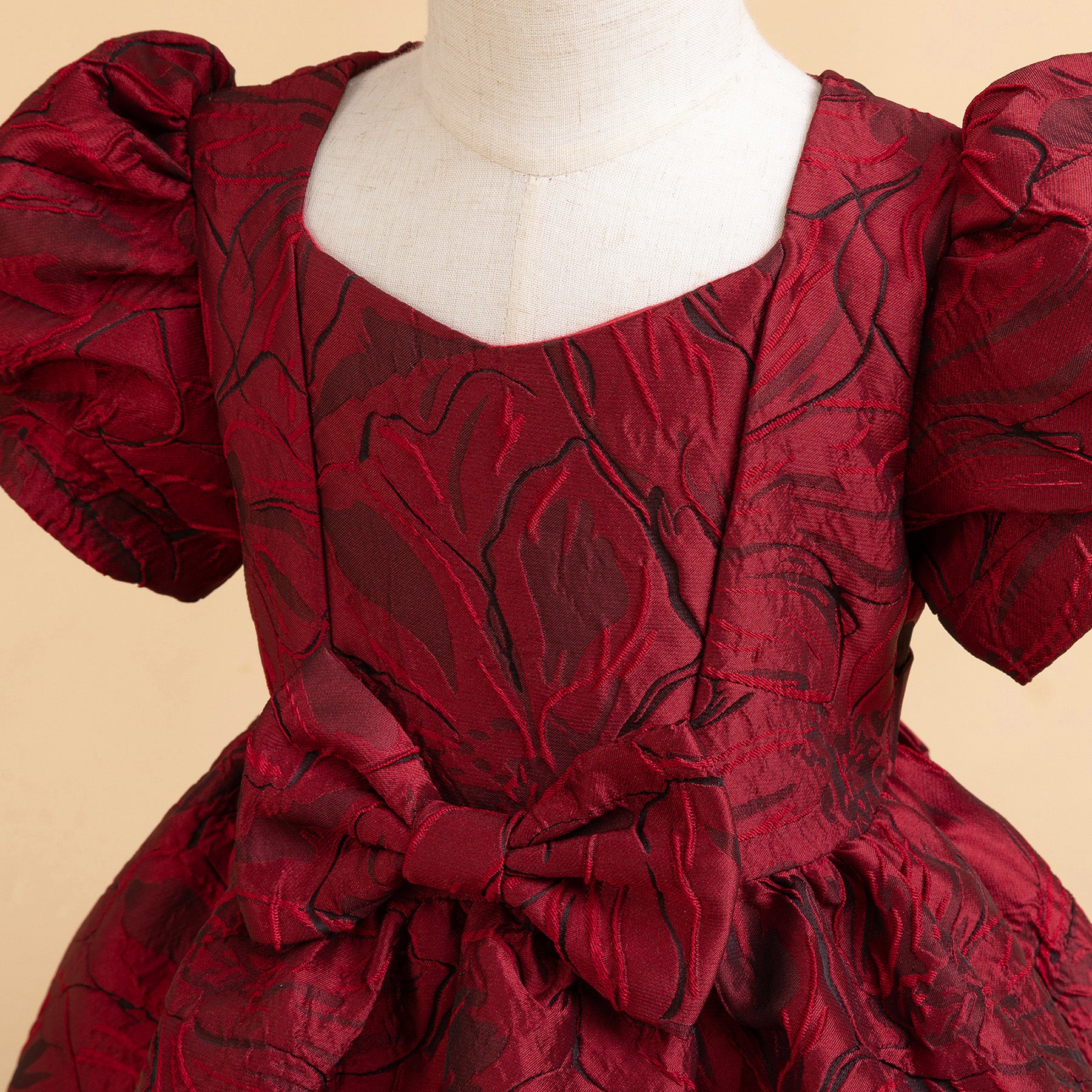 Girls Red Floral Printed Puff Sleeve Bow Balloon Dress