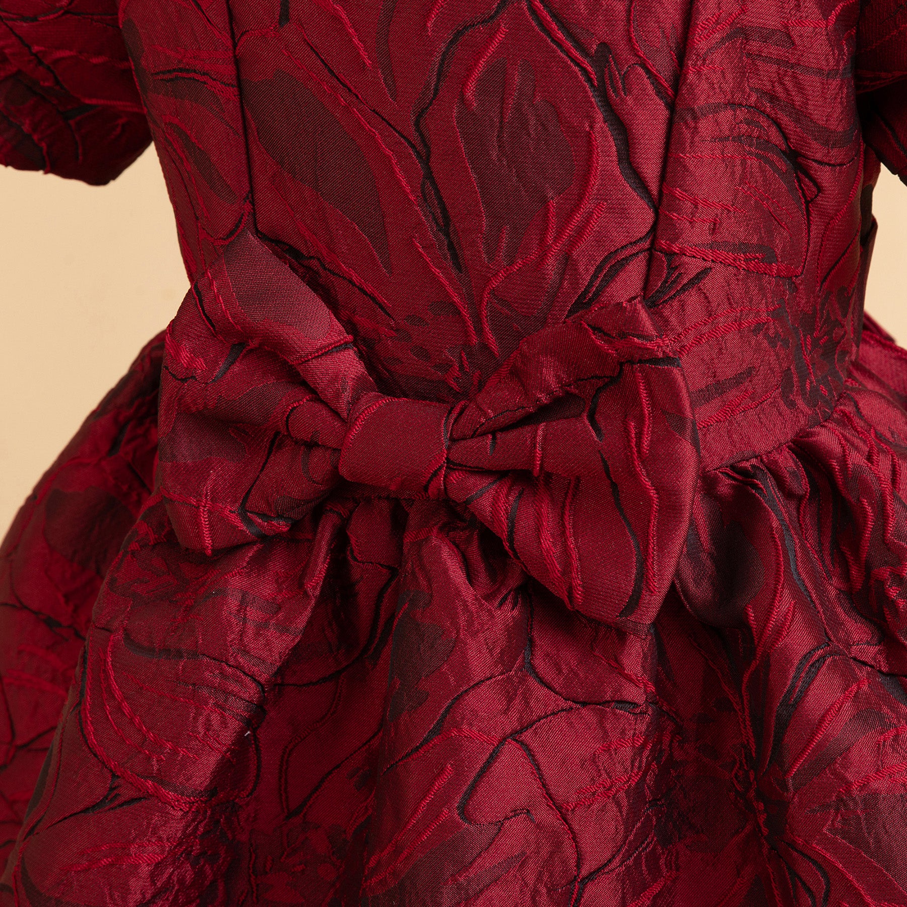 Girls Red Floral Printed Puff Sleeve Bow Balloon Dress