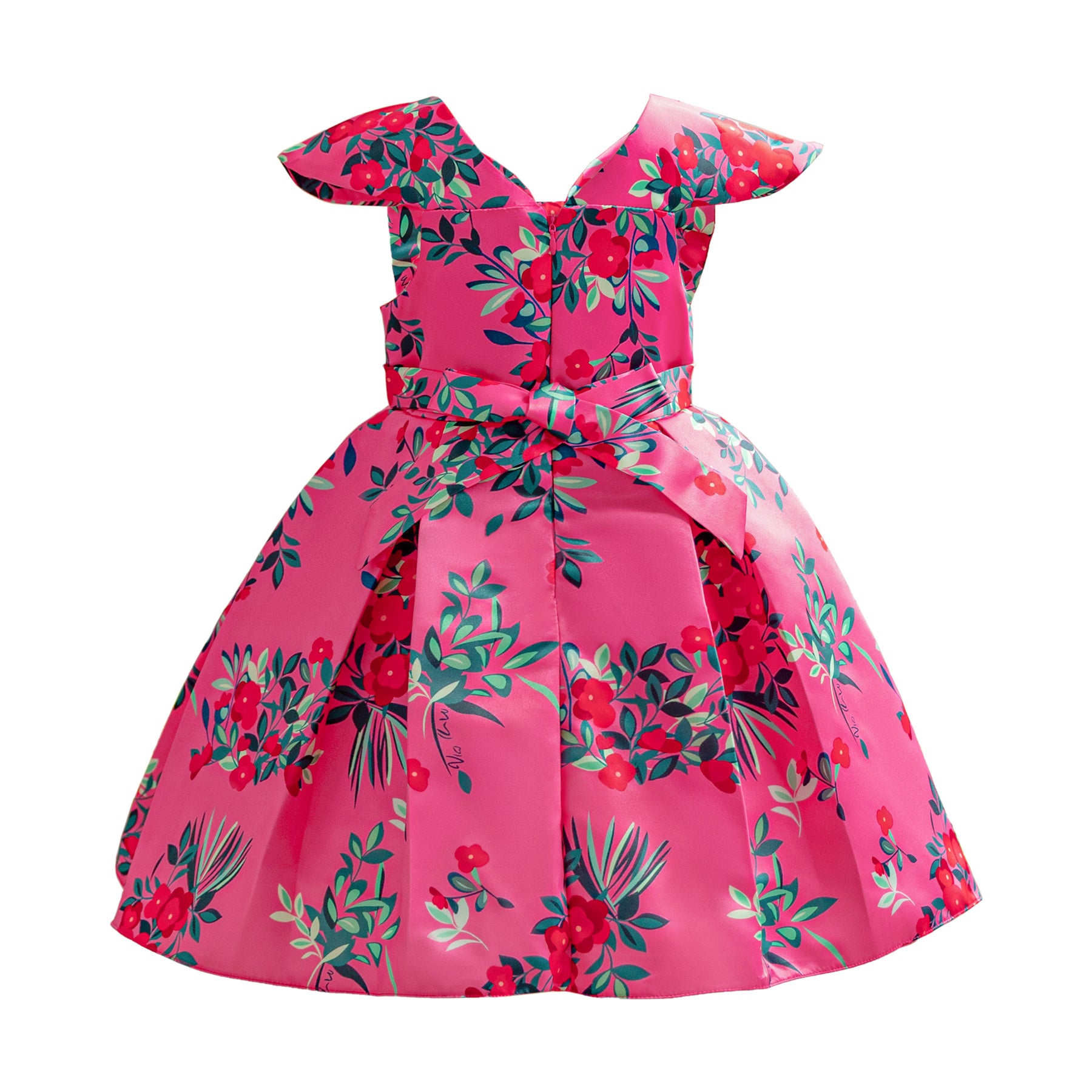 Girls Fuchsia Pink & Blue Floral Printed Fit & Flare Dress