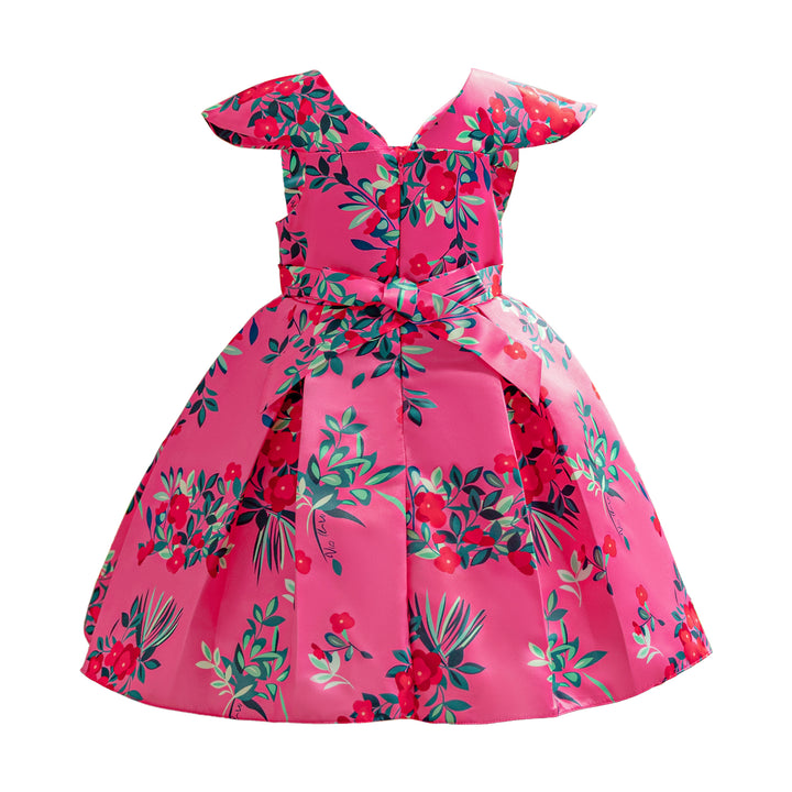 Girls Fuchsia Pink & Blue Floral Printed Fit & Flare Dress