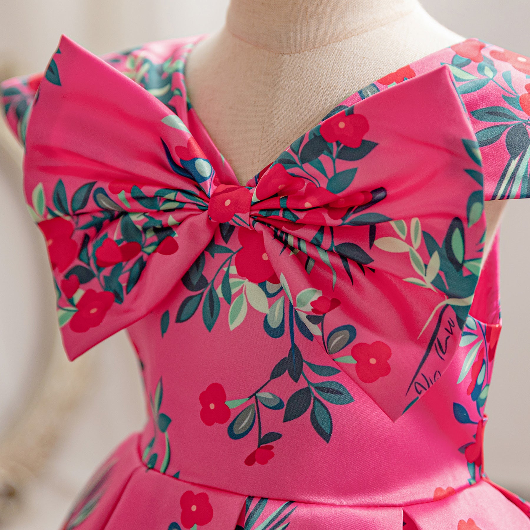 Girls Fuchsia Pink & Blue Floral Printed Fit & Flare Dress