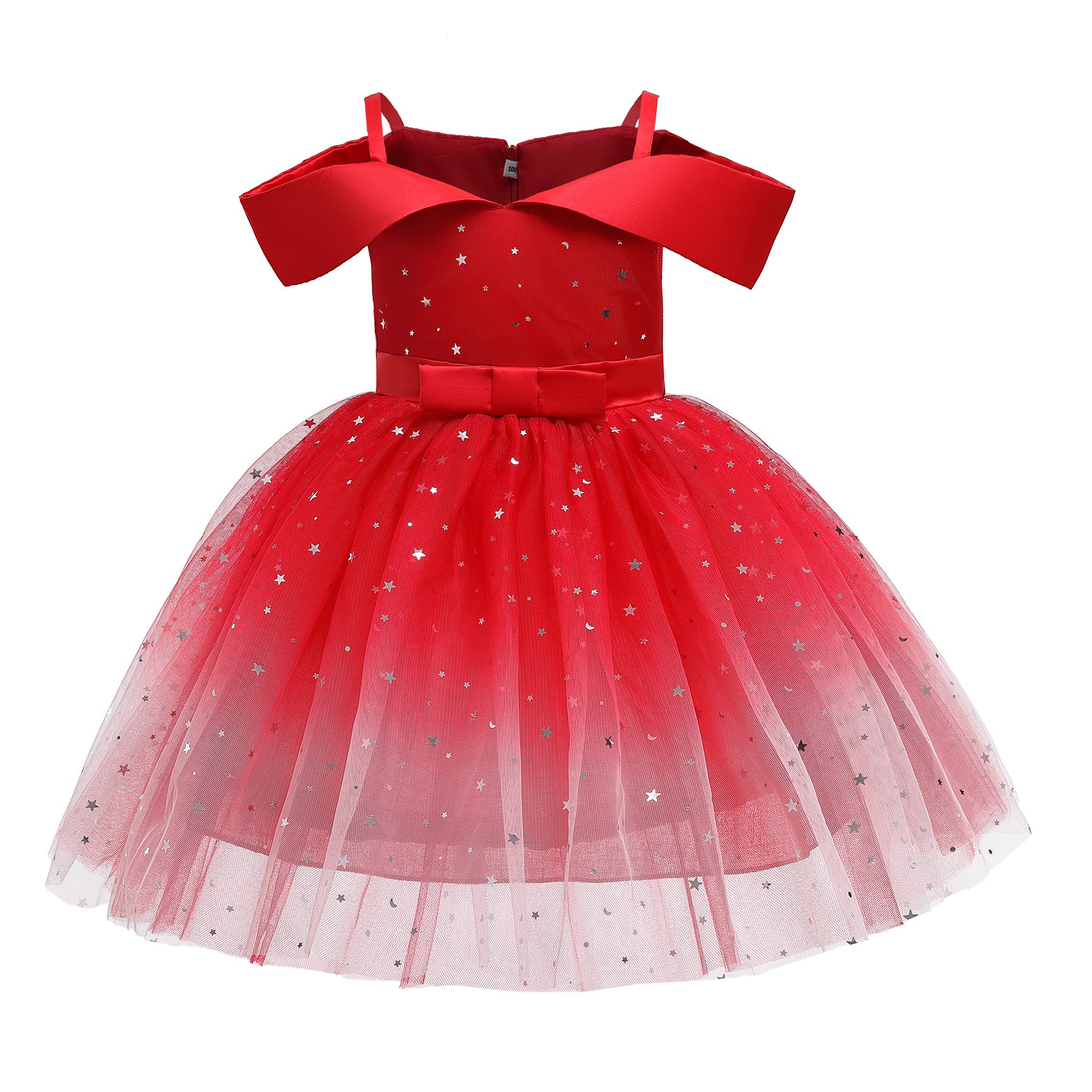 Girls Red Embellished Shoulder Straps Cold Shoulder Bow Fit & Flare Midi Dress