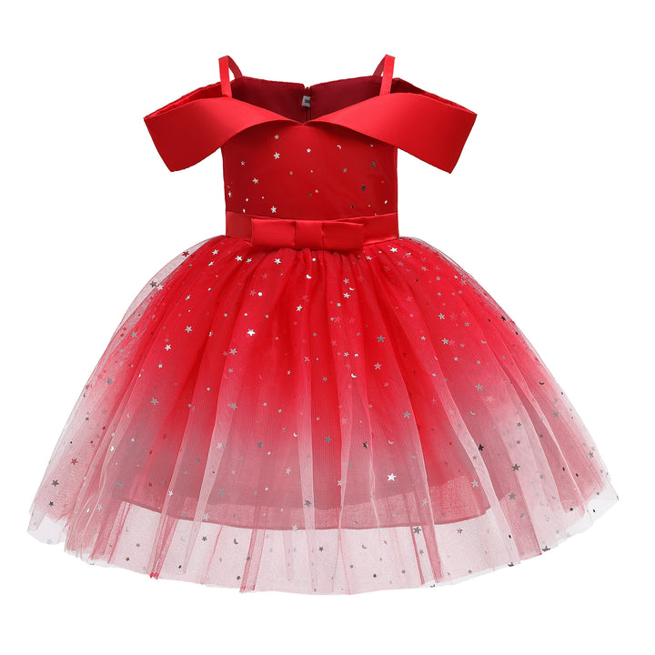 Girls Red Embellished Shoulder Straps Cold Shoulder Bow Fit & Flare Midi Dress