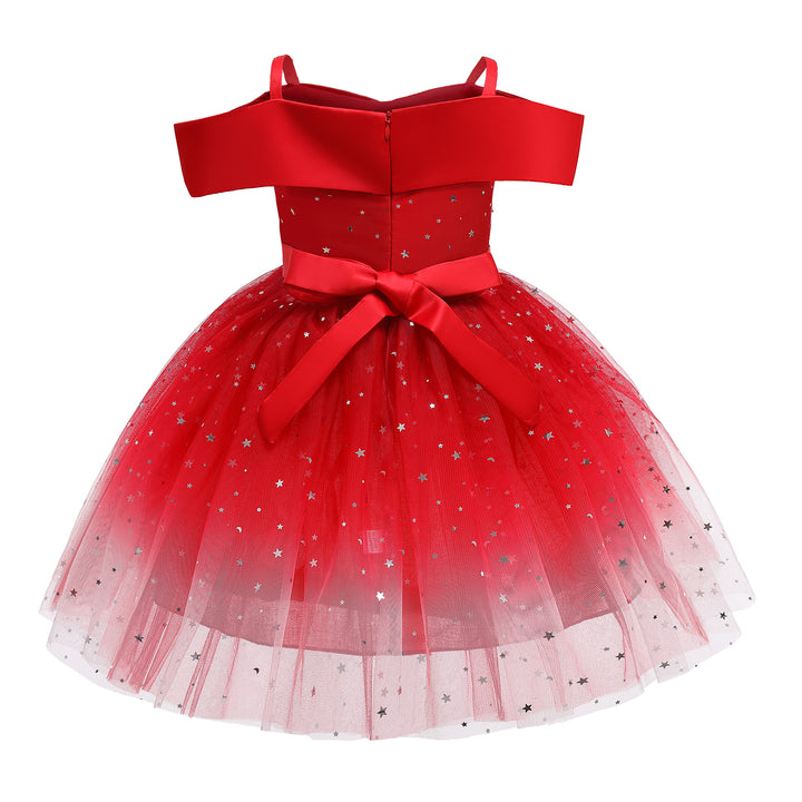 Girls Red Embellished Shoulder Straps Cold Shoulder Bow Fit & Flare Midi Dress