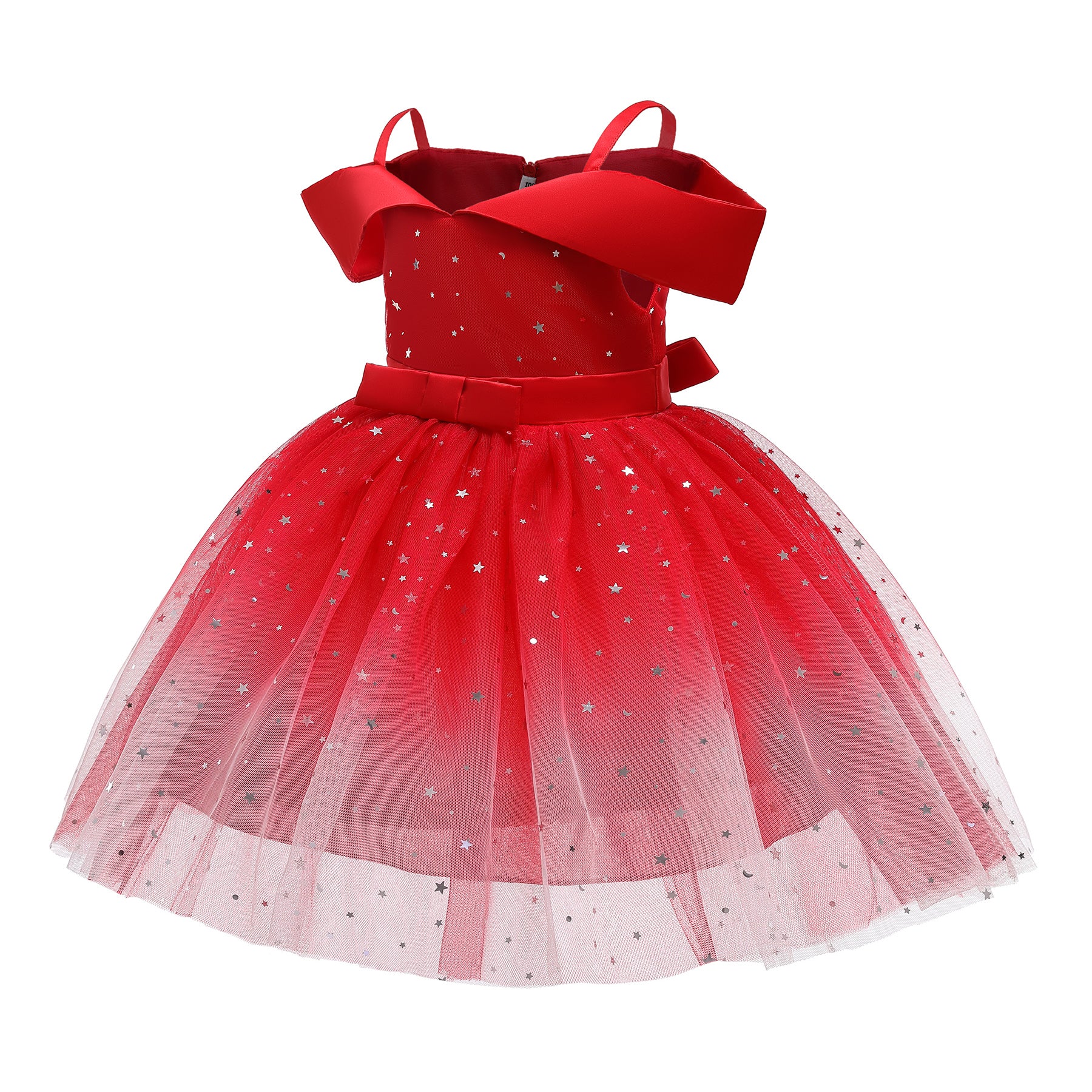 Girls Red Embellished Shoulder Straps Cold Shoulder Bow Fit & Flare Midi Dress