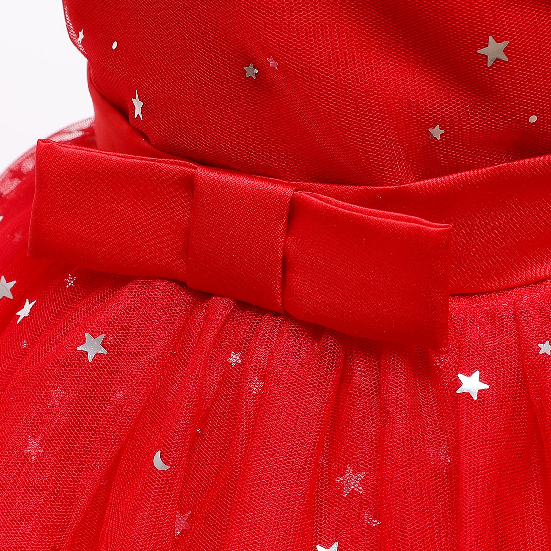 Girls Red Embellished Shoulder Straps Cold Shoulder Bow Fit & Flare Midi Dress