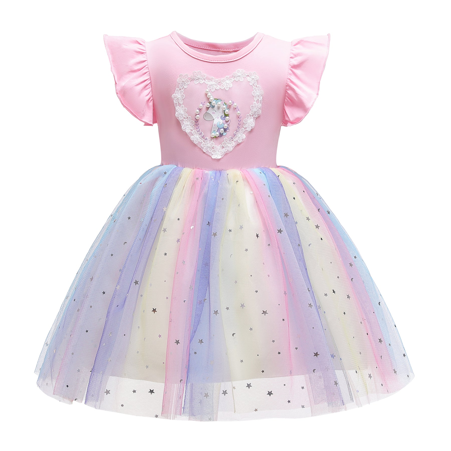 Pink & Blue Embellished Flutter Sleeve Fit & Flare Dress