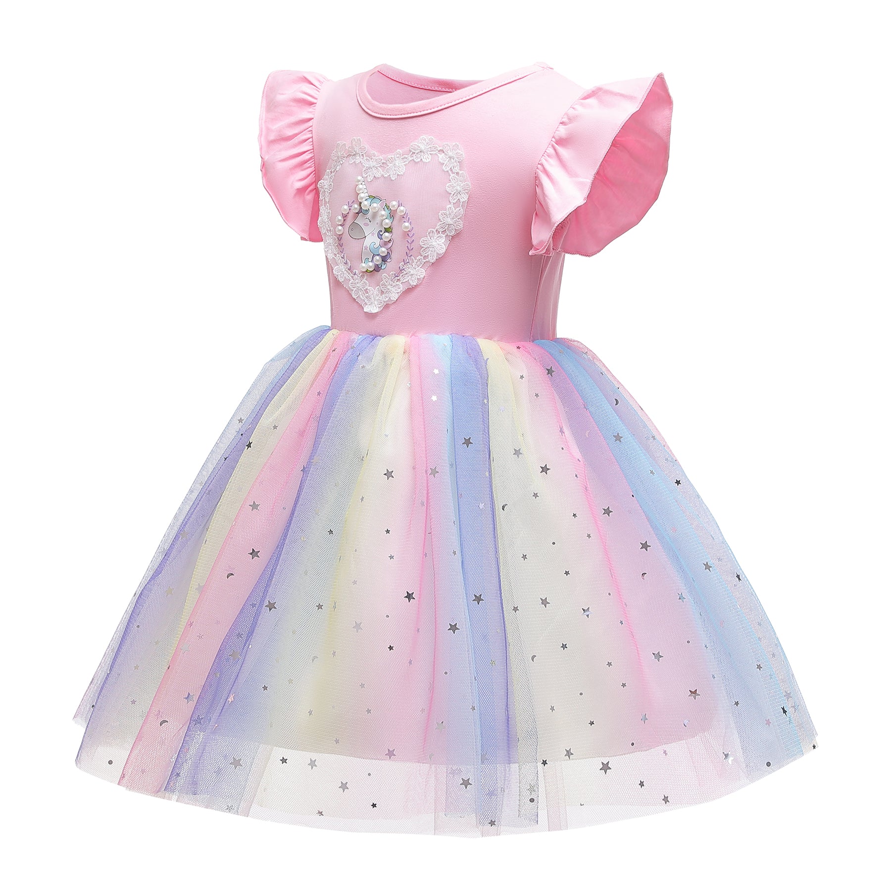 Pink & Blue Embellished Flutter Sleeve Fit & Flare Dress