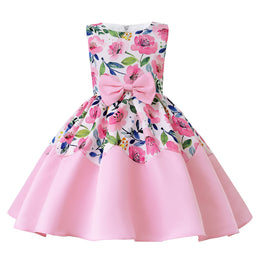 Girls Pink Floral Printed Bow Detail Fit & Flare Dress