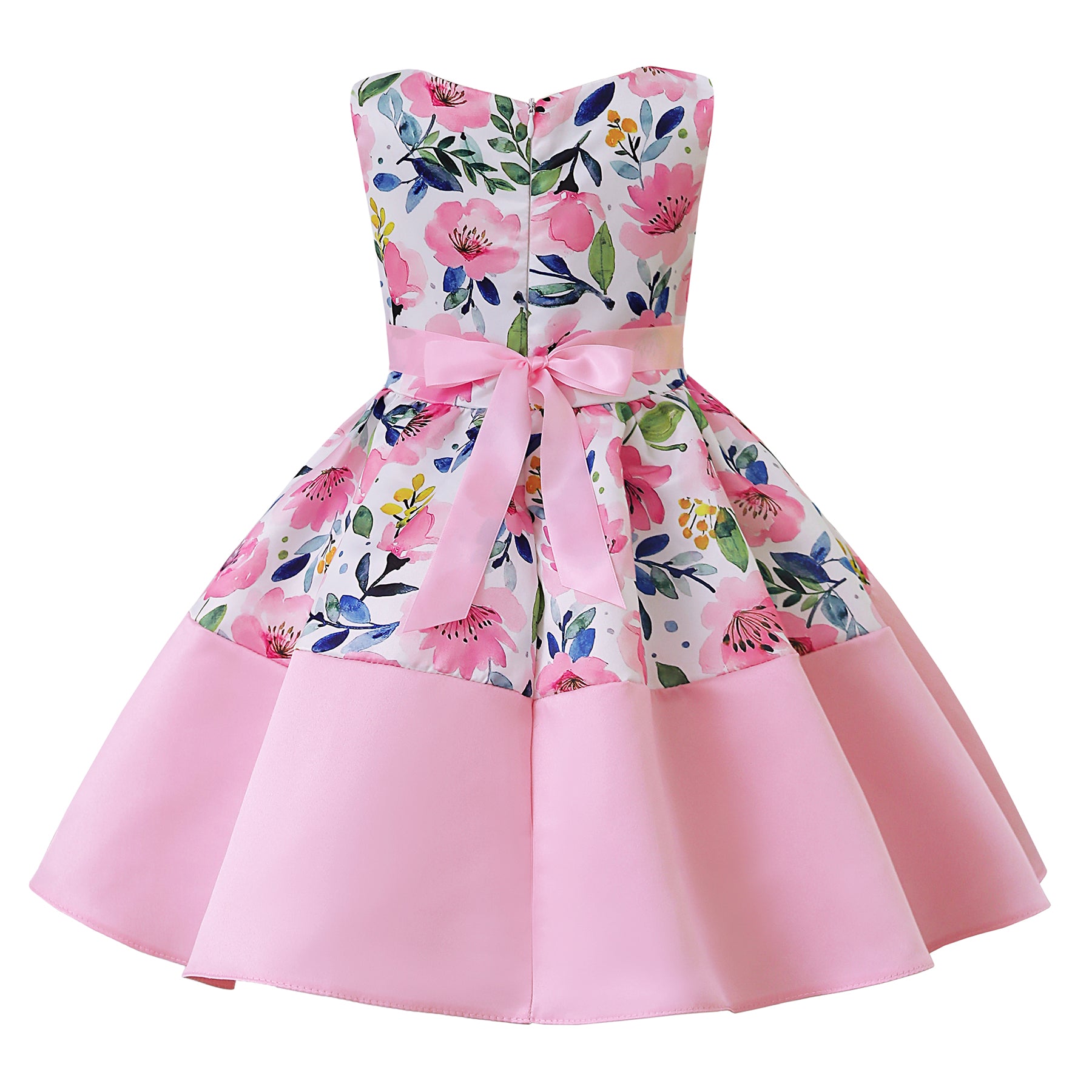Girls Pink Floral Printed Bow Detail Fit & Flare Dress