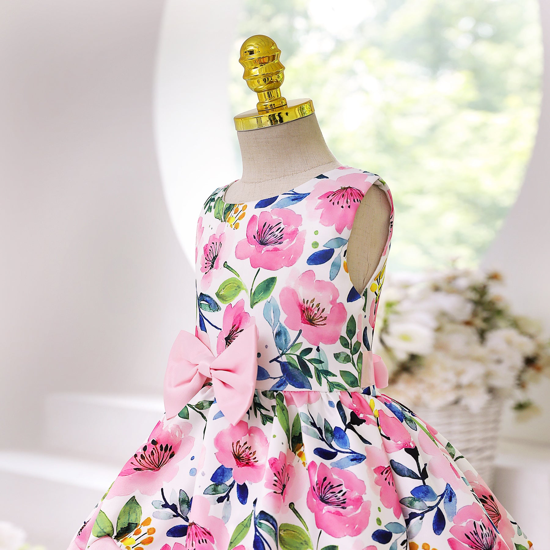 Girls Pink Floral Printed Bow Detail Fit & Flare Dress