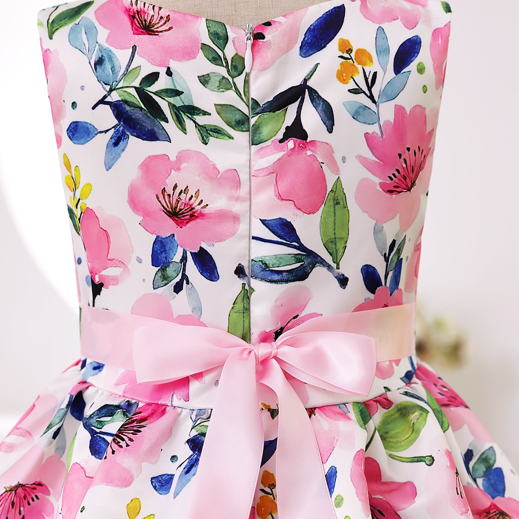 Girls Pink Floral Printed Bow Detail Fit & Flare Dress