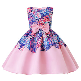 Girls Purple & Pink Floral Printed Bow Fit & Flare Dress
