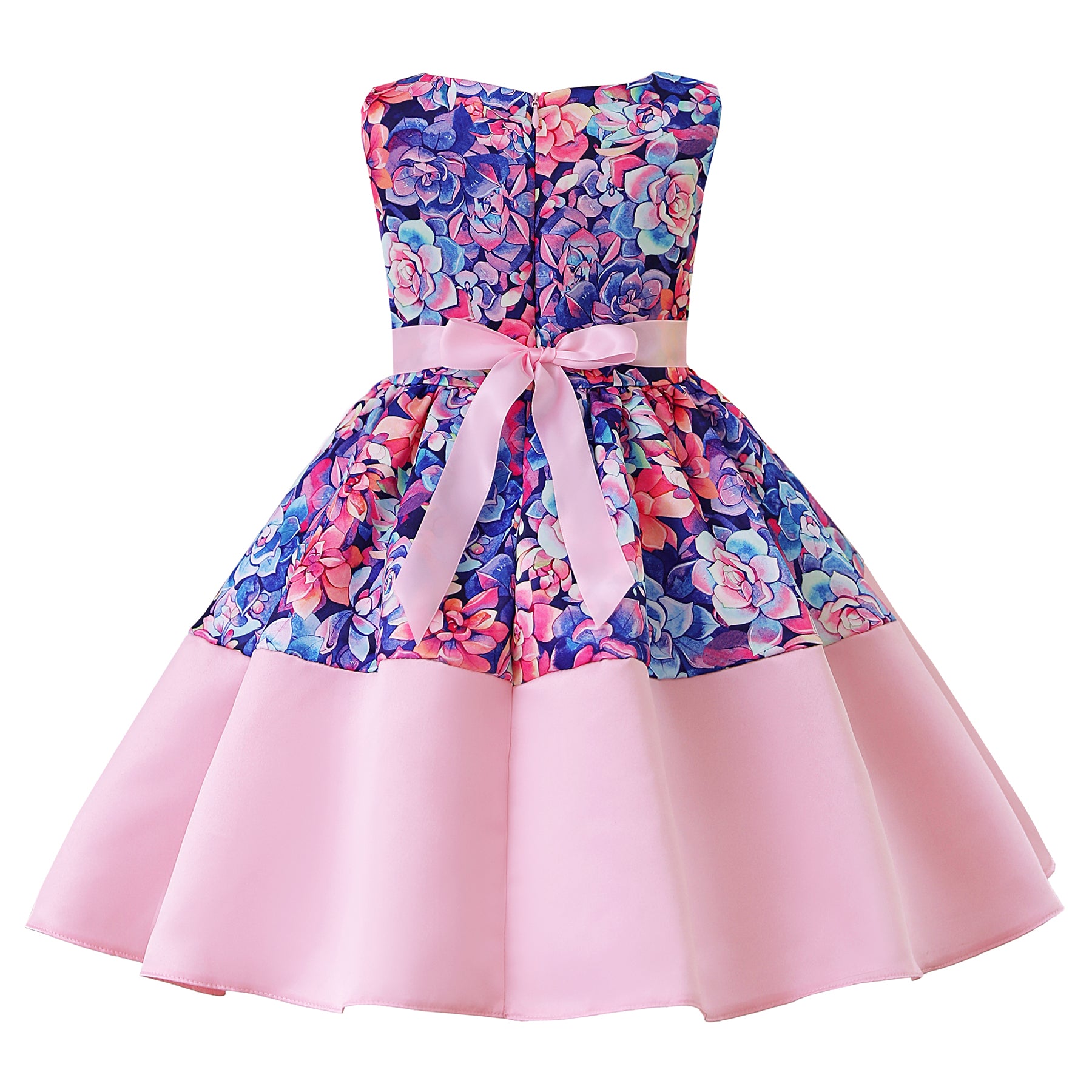 Girls Purple & Pink Floral Printed Bow Fit & Flare Dress