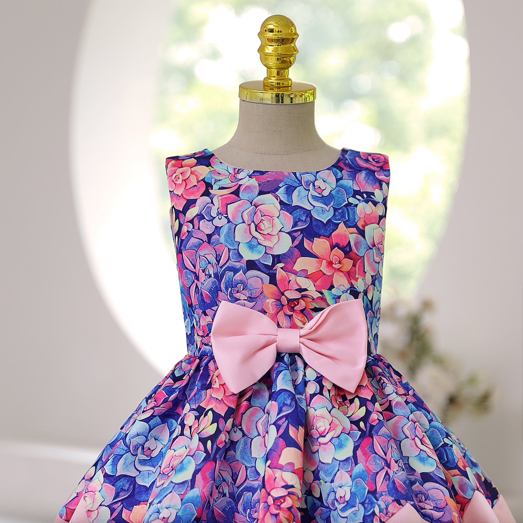 Girls Purple & Pink Floral Printed Bow Fit & Flare Dress