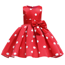 Girls Red Polka Dot Printed Round Neck Fit & Flare Dress