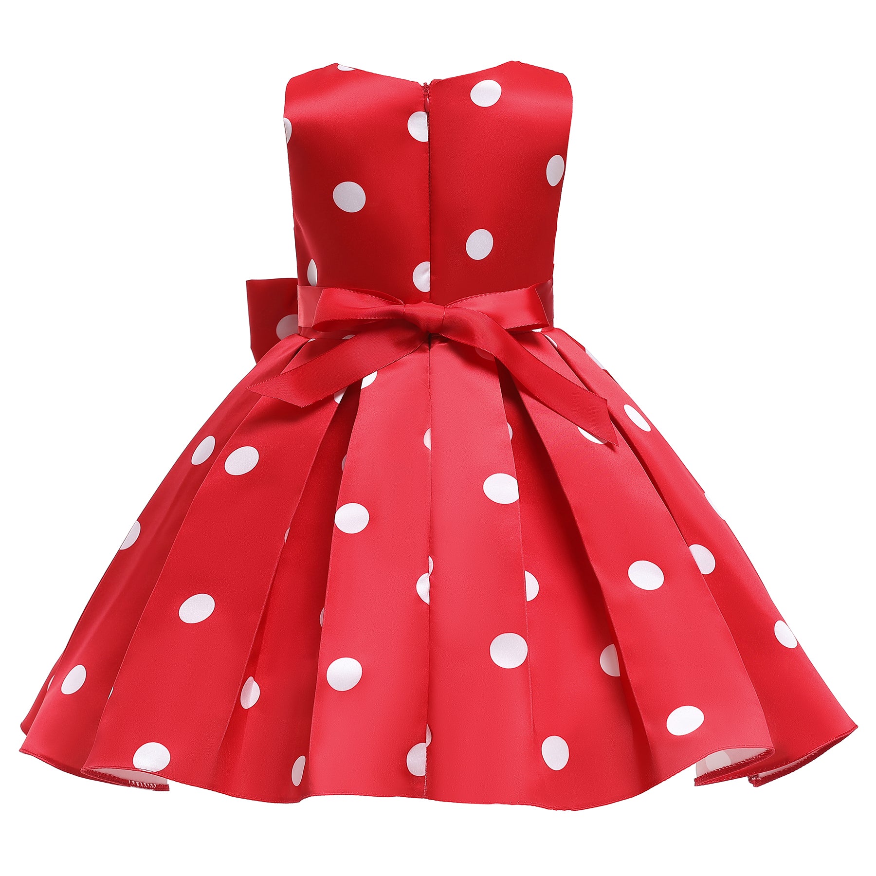 Girls Red Polka Dot Printed Round Neck Fit & Flare Dress