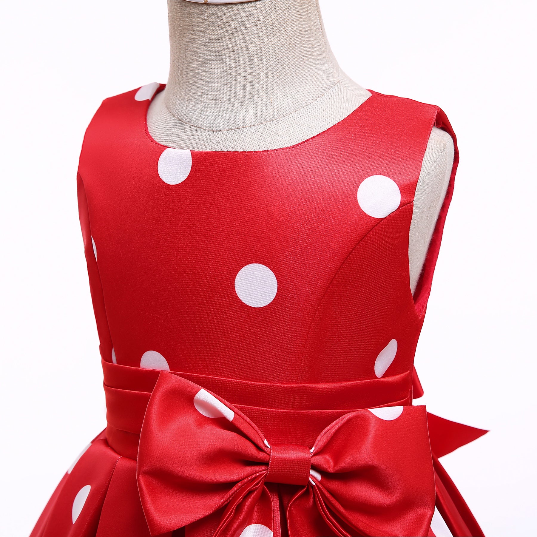 Girls Red Polka Dot Printed Round Neck Fit & Flare Dress