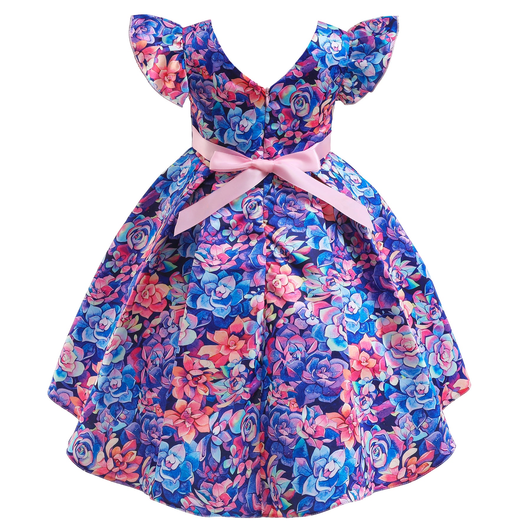 Blue Floral Print Flared Sleeve Fit & Flare Dress