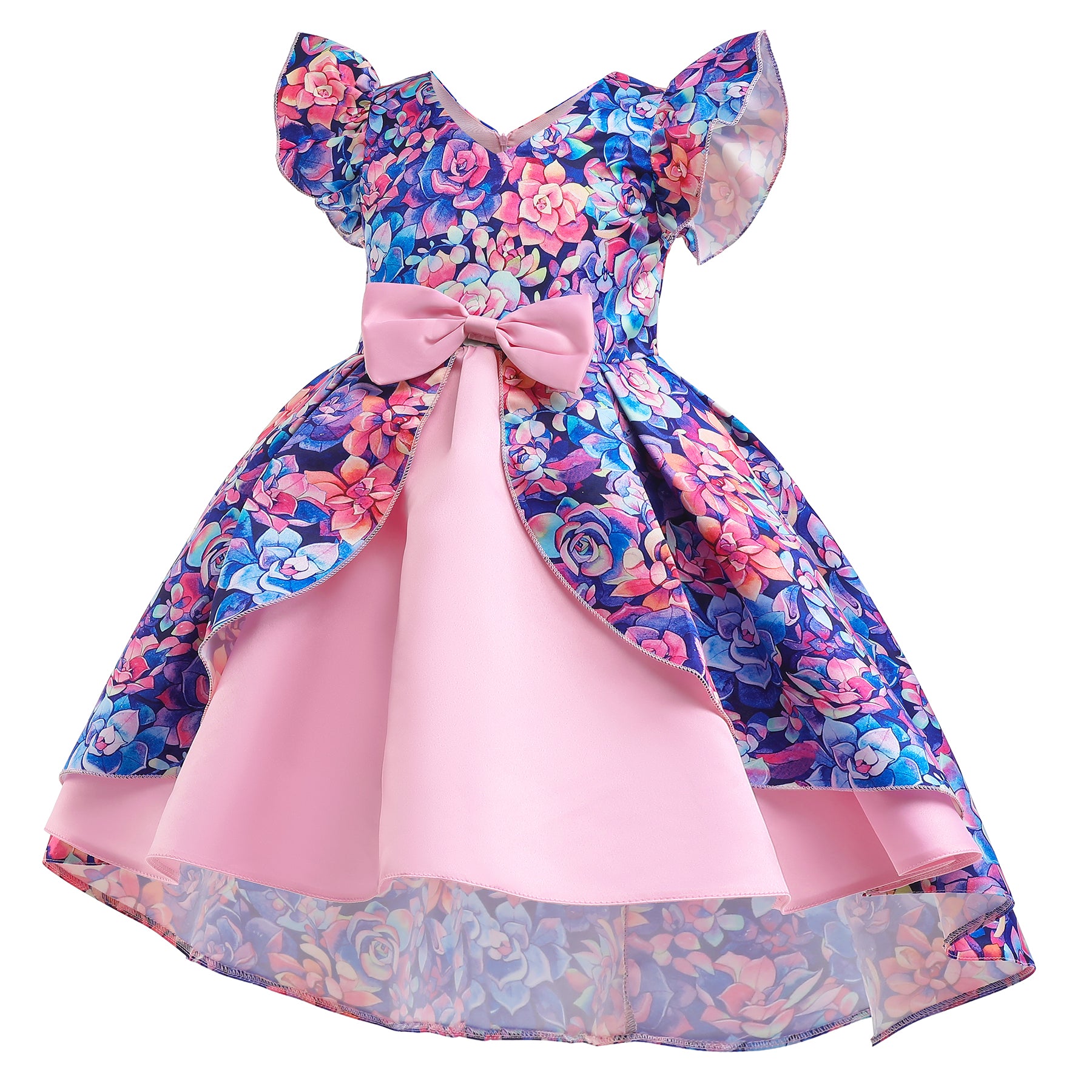 Blue Floral Print Flared Sleeve Fit & Flare Dress