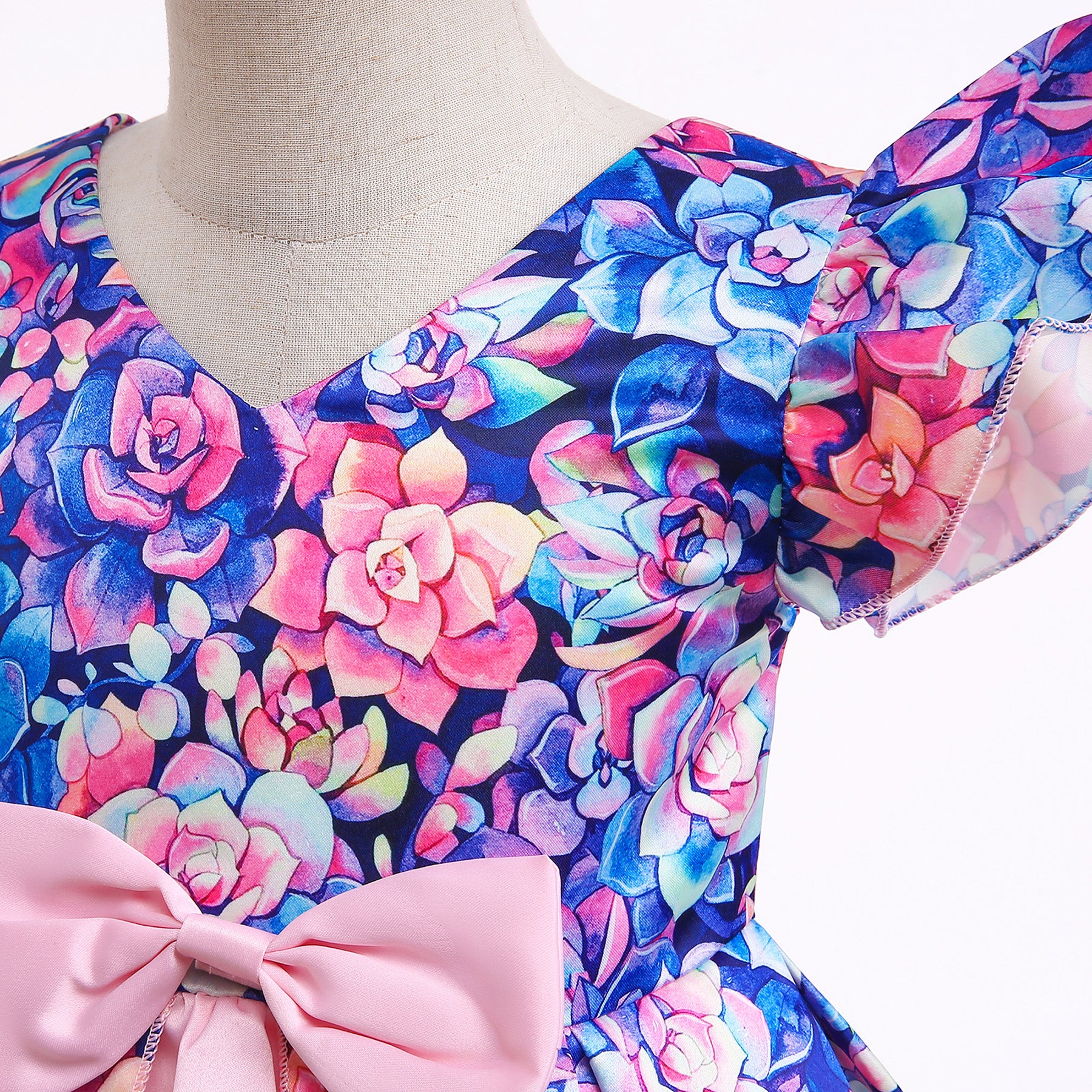 Blue Floral Print Flared Sleeve Fit & Flare Dress